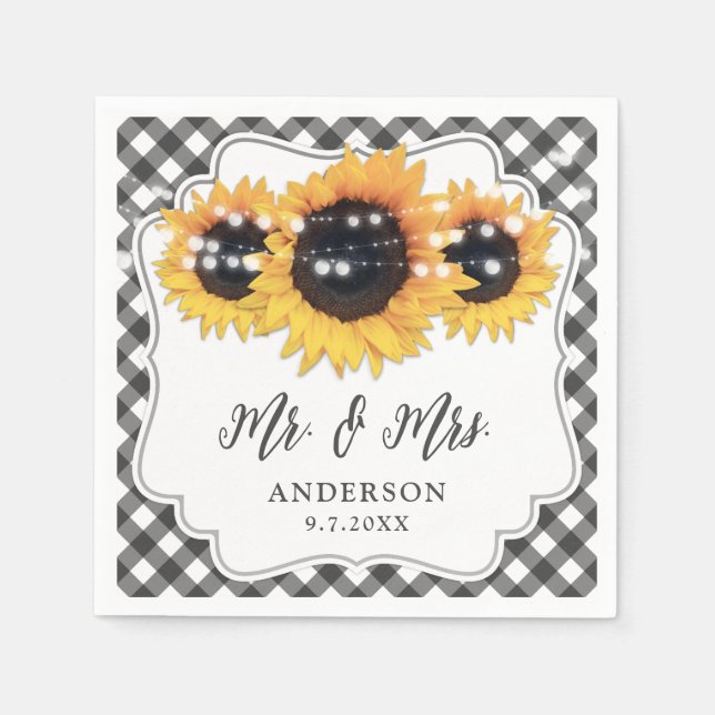 Black Gingham Rustic Sunflower Floral Wedding Napkins (Front)