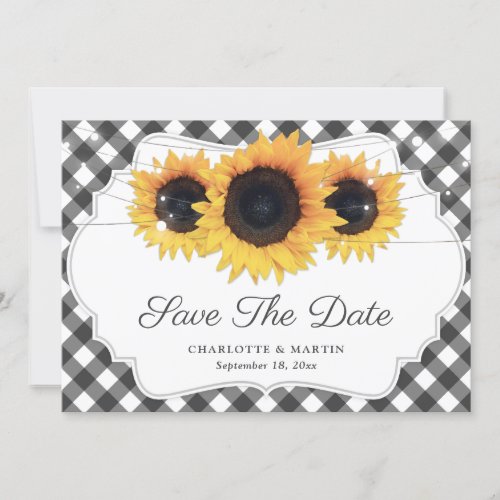 Black Gingham Rustic Sunflower Wedding Photo Save The Date