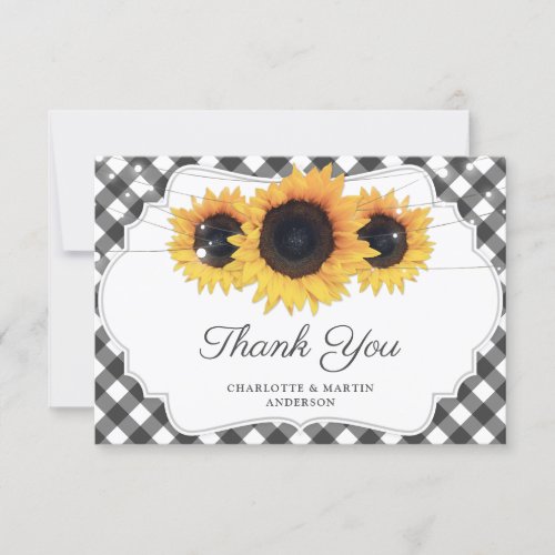 Black Gingham Rustic Sunflower Wedding Thank You Card