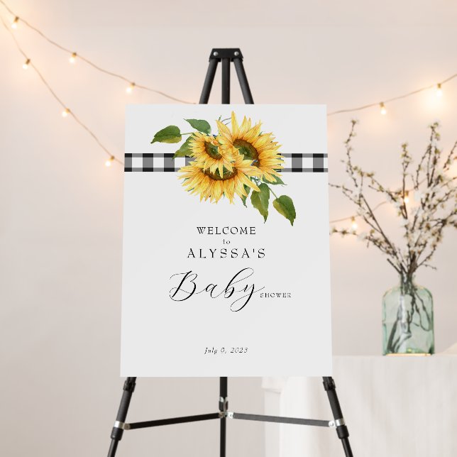 Black Gingham Sunflower Baby Shower Welcome Foam Board (In Situ (Stand))