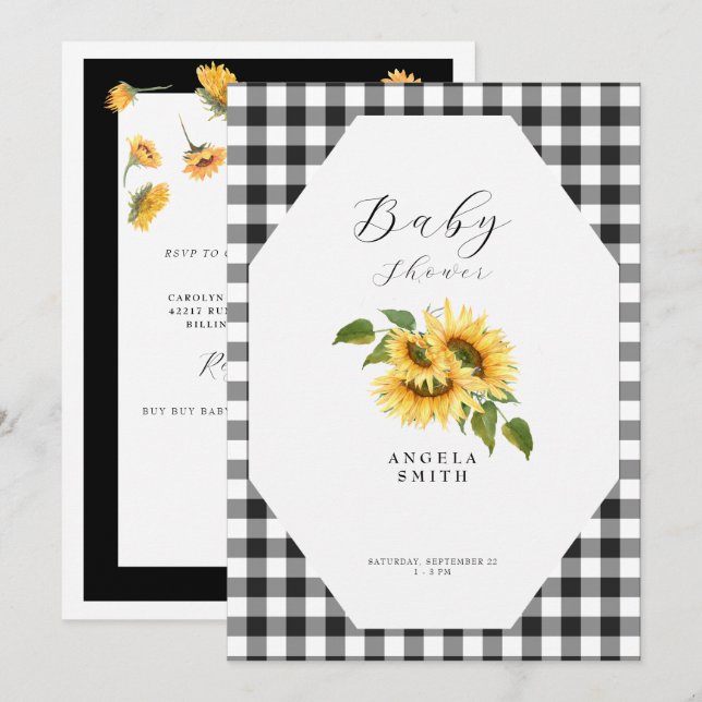 Black Gingham Sunflower Generic Baby Shower Invitation (Front/Back)