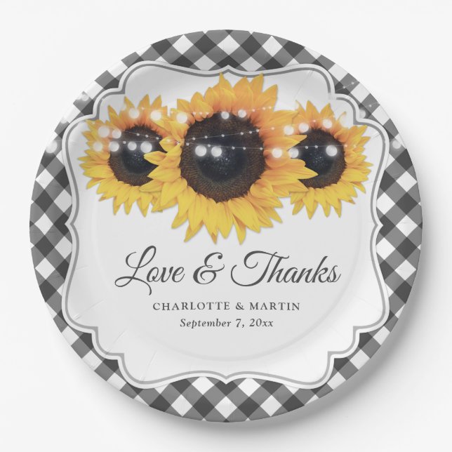 Black Gingham Sunflower Love and Thanks Wedding Paper Plates (Front)