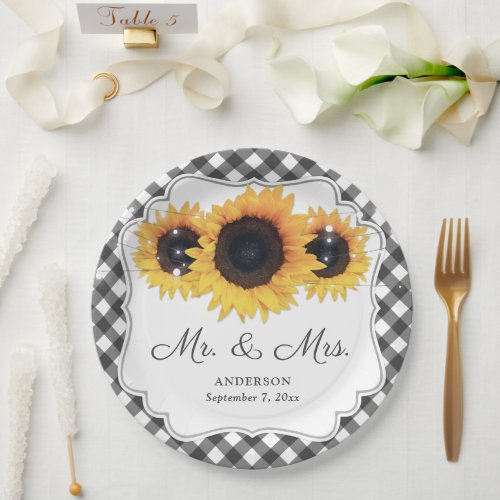 Black Gingham Sunflower Mr and Mrs Wedding Paper Plates