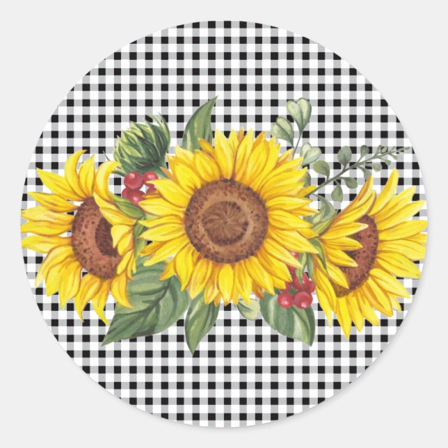 Black Gingham Sunflower Party Favor  Classic Round Sticker (Front)