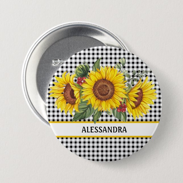 Black Gingham Sunflower Party Name Tag Button (Front & Back)