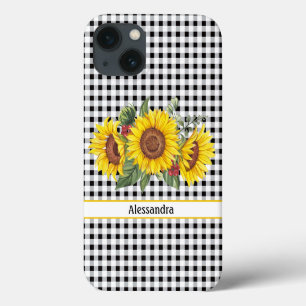 Black Gingham Sunflower Personalized iPhone 13 Case