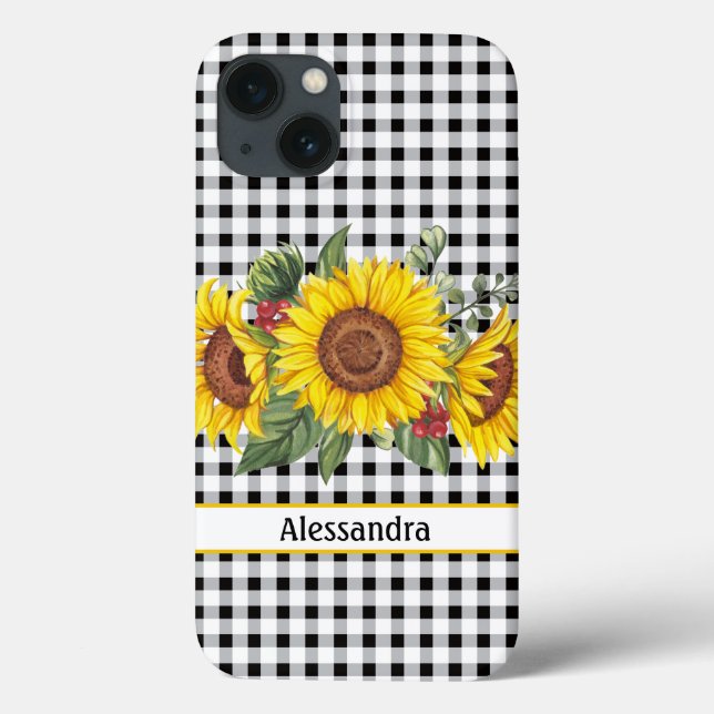 Black Gingham Sunflower Personalized Case-Mate iPhone Case (Back)