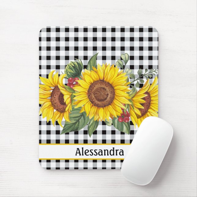 Black Gingham Sunflower Personalized  Mouse Pad (With Mouse)
