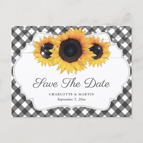 Black Gingham Sunflower Wedding Save The Date Announcement Postcard
