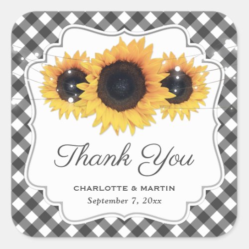 Black Gingham Sunflower Wedding Thank You Square Sticker