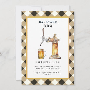 Black Gingham Tap & Beer Keg Backyard BBQ Party Invitation