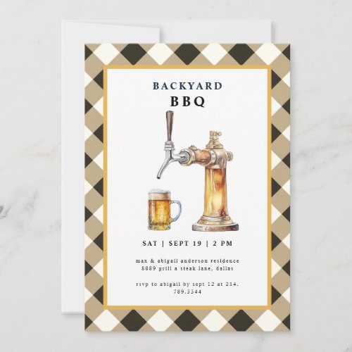 Black Gingham Tap  Beer Keg Backyard BBQ Party Invitation