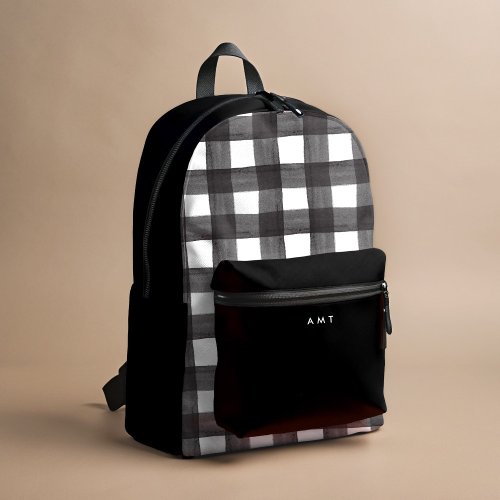 Black Gingham Watercolor Personalized Name Initial Printed Backpack