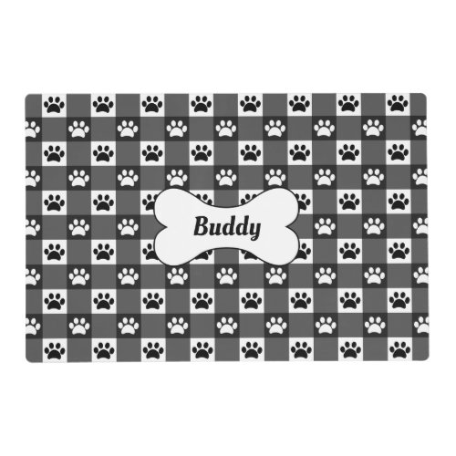 Black Gingham with Dog Paw Prints and Bone Pet Placemat