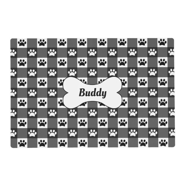 Black Gingham with Dog Paw Prints and Bone Pet Placemat (Front)