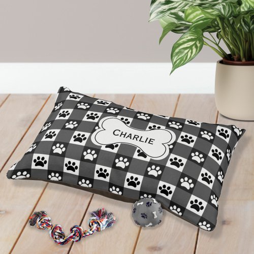 Black Gingham with Paw Prints and Bone Pet Bed