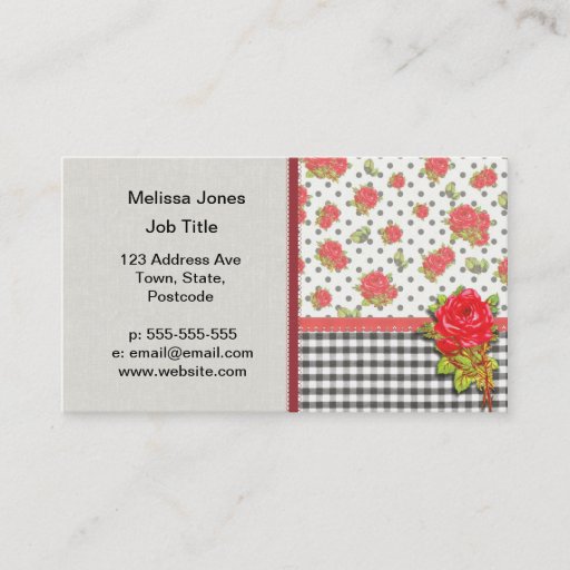 Customizable Black Gingham with red roses & dots Business Cards