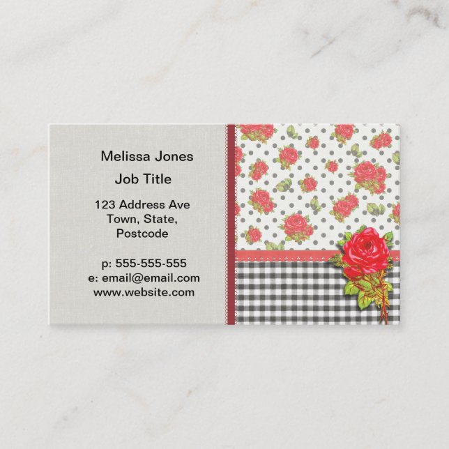 Black Gingham with red roses & dots Business Card (Front)