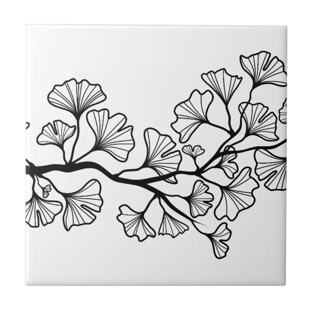 black ginkgo tree with leaves ceramic tile (Front)