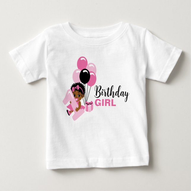 Black Girl 1st Birthday Tshirt with Balloons (Front)