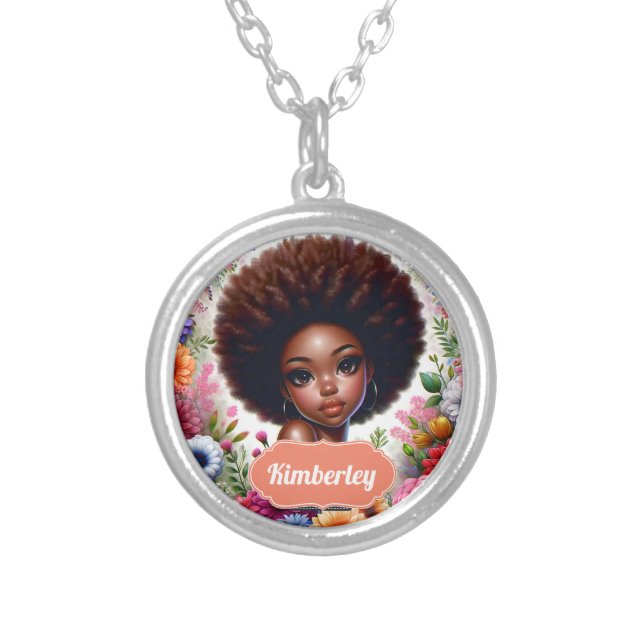 Black girl African American with Afro Silver Plated Necklace (Front)