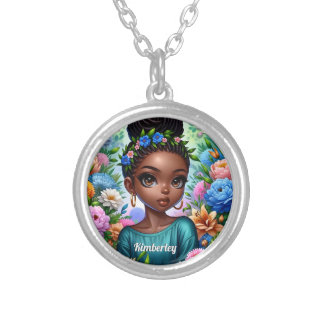 Black girl African American with Braids Silver Plated Necklace