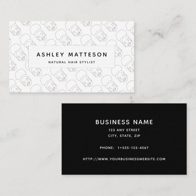 Black Girl Afro Natural Hair Stylist Black White Business Card (Front/Back)