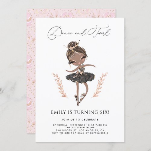 Black Girl Ballerina in Black Dress Birthday Invitation