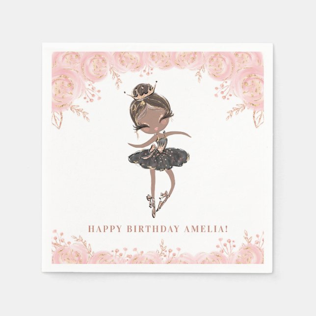 Black Girl Ballerina in BlackDress Floral Birthday Napkins (Front)
