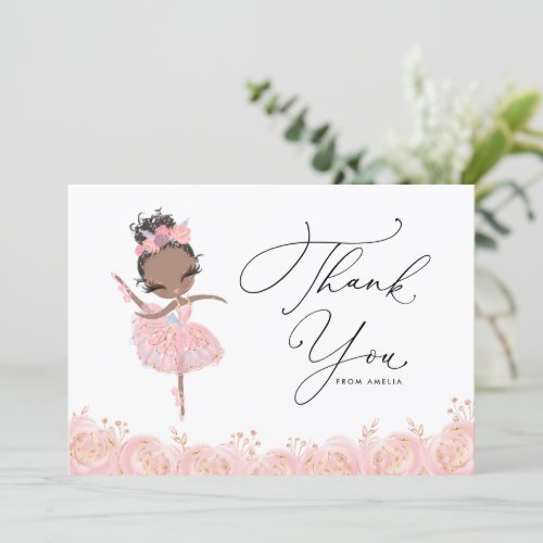 Black Girl Ballerina in Pink Dress Birthday Thank You Card