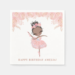 Black Girl Ballerina in Pink Dress Floral Birthday Napkins