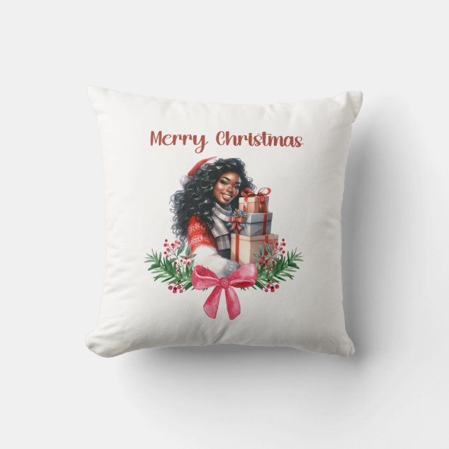 Black Girl Christmas Throw Pillow (Front)