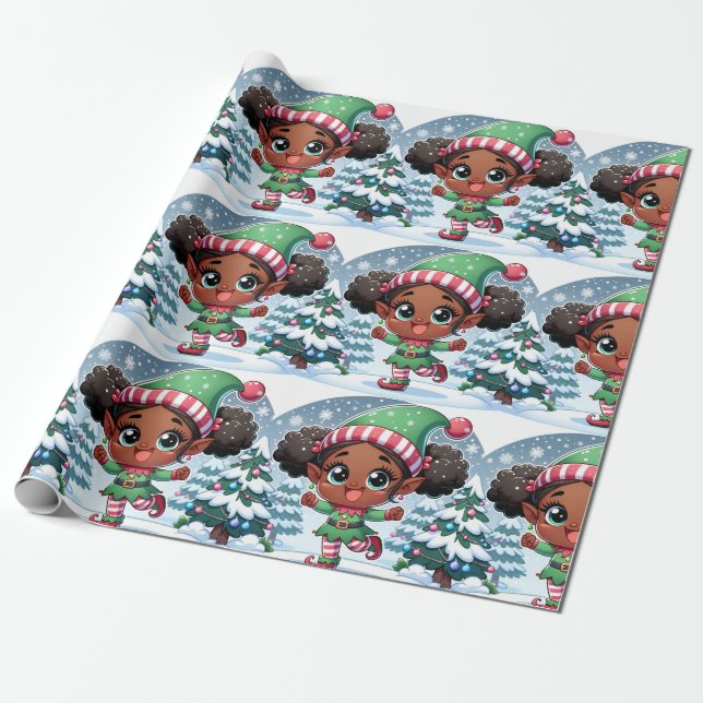 Black Girl Christmas Wrapping Paper - Snow Elf (Unrolled)