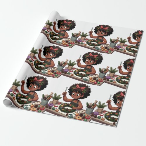 Black girl Christmas wreath wrapping paper 