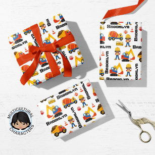 Construction Vehicle Boy Cool Custom Kids Birthday Wrapping Paper Sheets, Zazzle