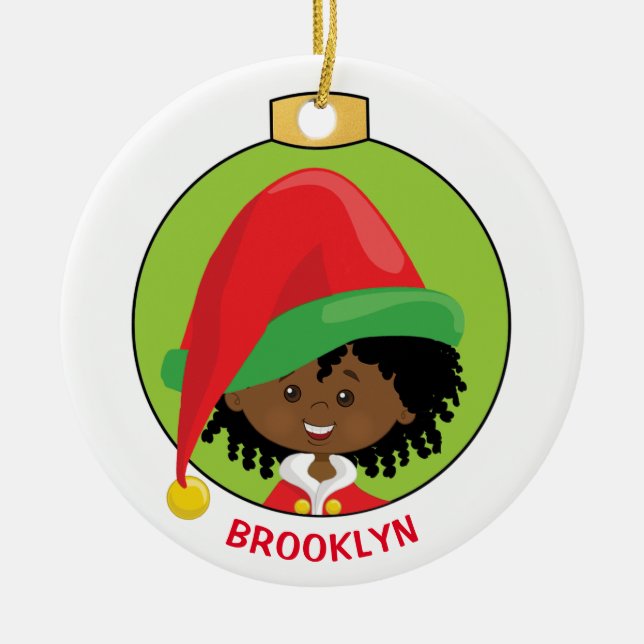 Black Girl Elf Ceramic Ornament (Front)