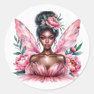 Black Girl Fairy Pink Peonies Watercolor Classic Round Sticker