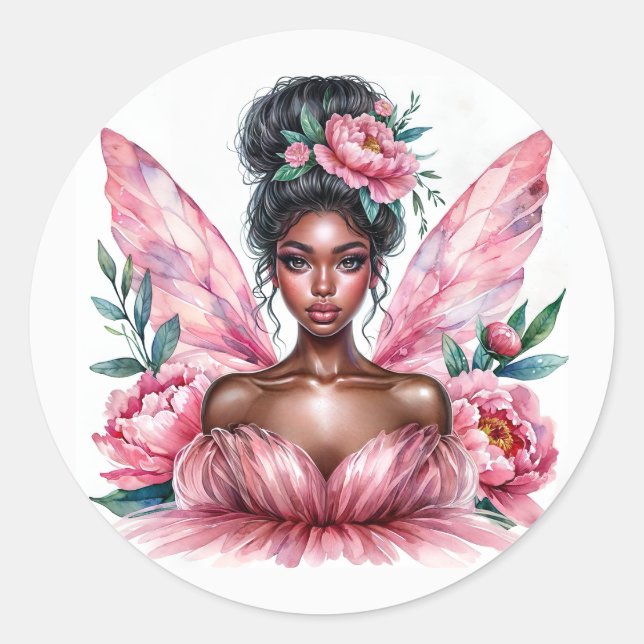 Black Girl Fairy Pink Peonies Watercolor Classic Round Sticker (Front)