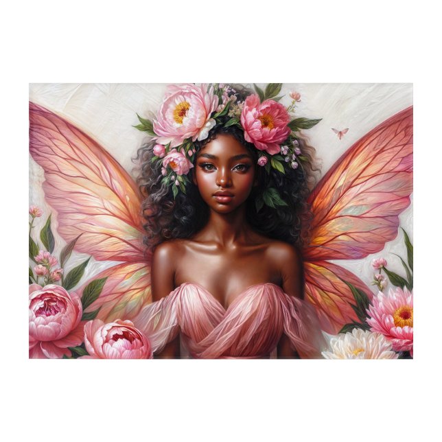 Black Girl Fairy With Pink Wings and Peonies Acrylic Print (Front)