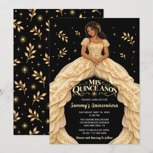Black Girl Gold Princess Quinceañera Invitation