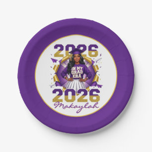 Black Girl Grad Era 2026 Purple and Gold Paper Plates