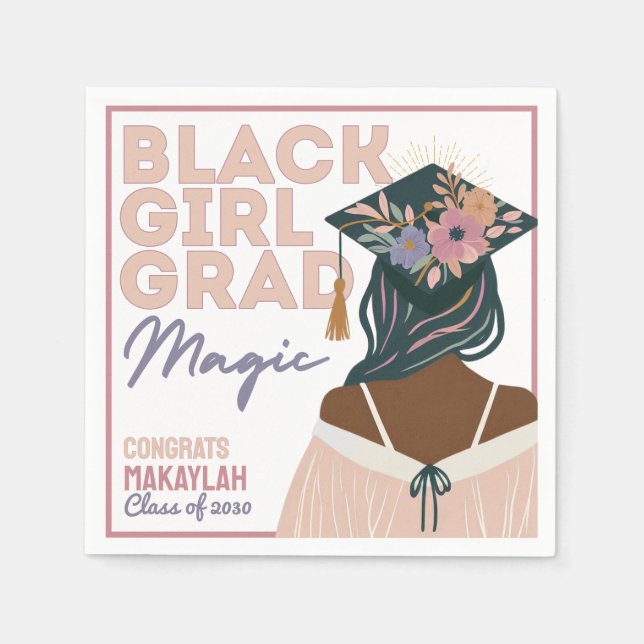 Black Girl Grad Magic Floral Boho Graduation Party Napkins (Front)