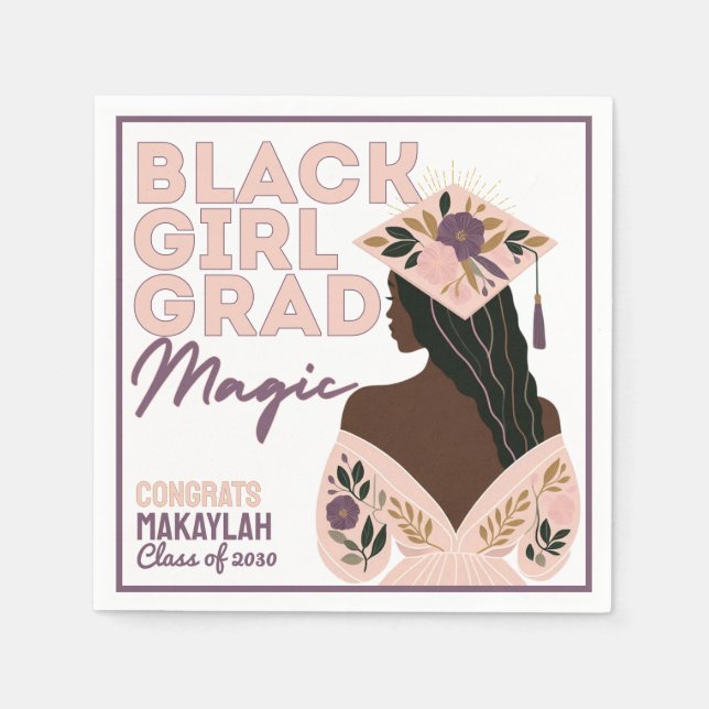 Black Girl Grad Magic Floral Boho Graduation Party Napkins (Front)