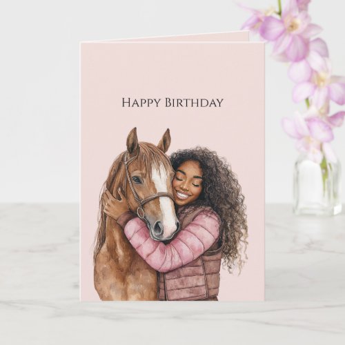 Black Girl Hugging Horse Pink Birthday Card