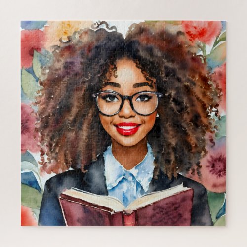 Black Girl in Glasses Holding Book Art Jigsaw Puzzle
