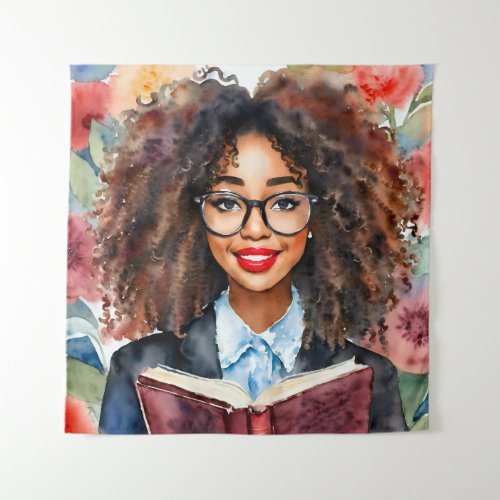 Black Girl in Glasses Holding Book Floral Art Tapestry