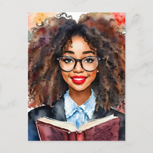 Black Girl in Glasses With Book Nerdy Postcard