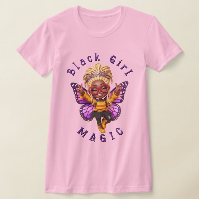 Black Girl Magic Butterfly Fairy Pink T-Shirt (Laydown)