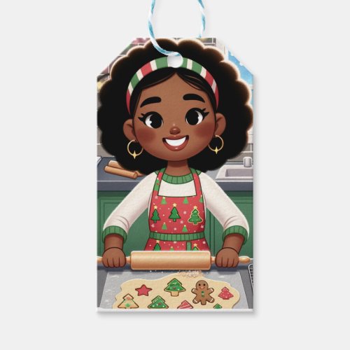 Black girl making Christmas cookies gift tag