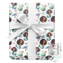 Black Girl Mermaid Birthday Gift Wrap in White